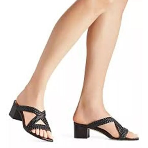 $450 STUART WEITZMAN ROSIE 50 WOVEN BRAIDED SLIDE SANDAL BLACK LEATHER 7 (DB8) - Picture 1 of 7